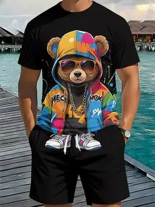 Men's Trendy Graffiti Bear Set 3D Digital Printed Two-piece Outfit, 2Pcs, Fashion Festive Trendy Suit, Retro Casual Two-piece Set, Vacation-style Trendy Wear, Breathable Sports Casual Style, Perfect Festival Gift for Men, Clothes