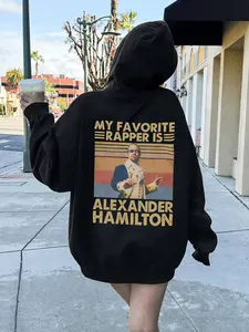 Women's Oversized Alexander Hamilton Rapper Graphic Hoodie, Vintage Retro Streetwear Black Hoodie, Funny Musical Merch for Music & History Enthusiasts, Comfortable Soft Pullover, Plus Size Friendly Casual Daily Wear