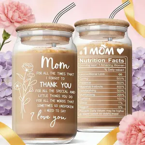 16oz Glass Tumbler with Lid and Straw, Leakproof Bamboo Lid Mama Cup, Mother's Day Birthday Gifts for Mom, Reusable High Borosilicate Iced Coffee Can, Cute Thank You Mom Drinking Glass