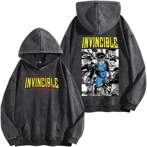 Superstyle Limited Edition Emperor Mark Grayson Invincible War Washed Hoodie Comic Double Printed Oversize Lightweight Acid Washed Tee TV Series Graphic Tee T-Shirt