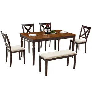 AMERLIFE 6-Piece 60"/71" Solid Wood Dining Table Set, Large Dining Table with 4 Upholstered Chairs & 1 Long Bench, for Dining Room, Kitchen, Brown & Cream/Best Gift Ideas/Christmas Gifts