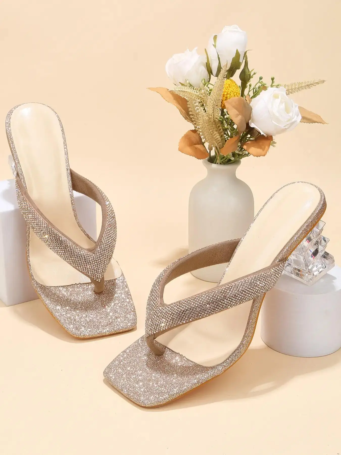 Women's Elegant Rhinestone Decorated Toe Thong Sandals, Exquisite Trendy Square Toe Shape High Heel Sandals, Fashionable Heeled Sandals for Summer, Fo