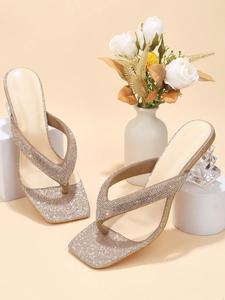 women's elegant rhinestone decorated toe thong sandals, exquisite trendy square toe shape high heel sandals, fashionable heeled sandals for summer, footwear