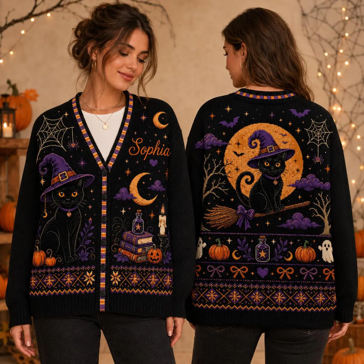 Personalized Halloween Cardigan with Custom Name, Black Cat, Pumpkin & Ghost Design – Vintage Spooky Season Sweater, Witchy Fall Outfit Gift
