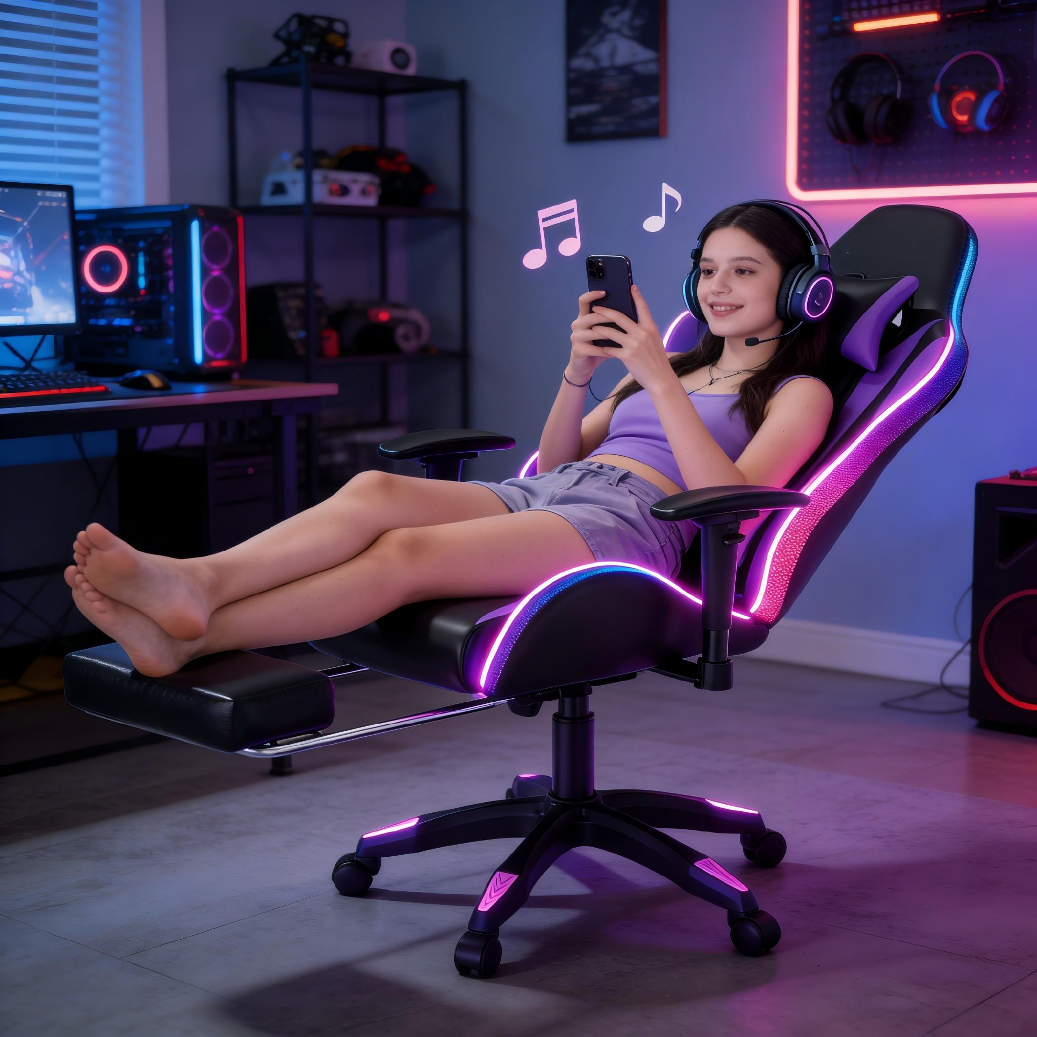 【Sweet RGB Chair】Mr IRONSTONE Gaming Chair with Speakers and Led Lights Ergonomic Massage Computer Gaming Chair with Broaden Cusion and Footrest High Back Video Game Chair for Adults Kids Boyfriend Father's Gift, Blue Black and Pink 【Sweet RGB Chair】Mr IRONSTONE Gaming Chair with Speakers and Led Lights Ergonomic Massage Computer Gaming Chair with Broaden Cusion and Footrest High Back Video Game Chair for Adults Kids Boyfriend Father's Gift, Blue Black and Pink