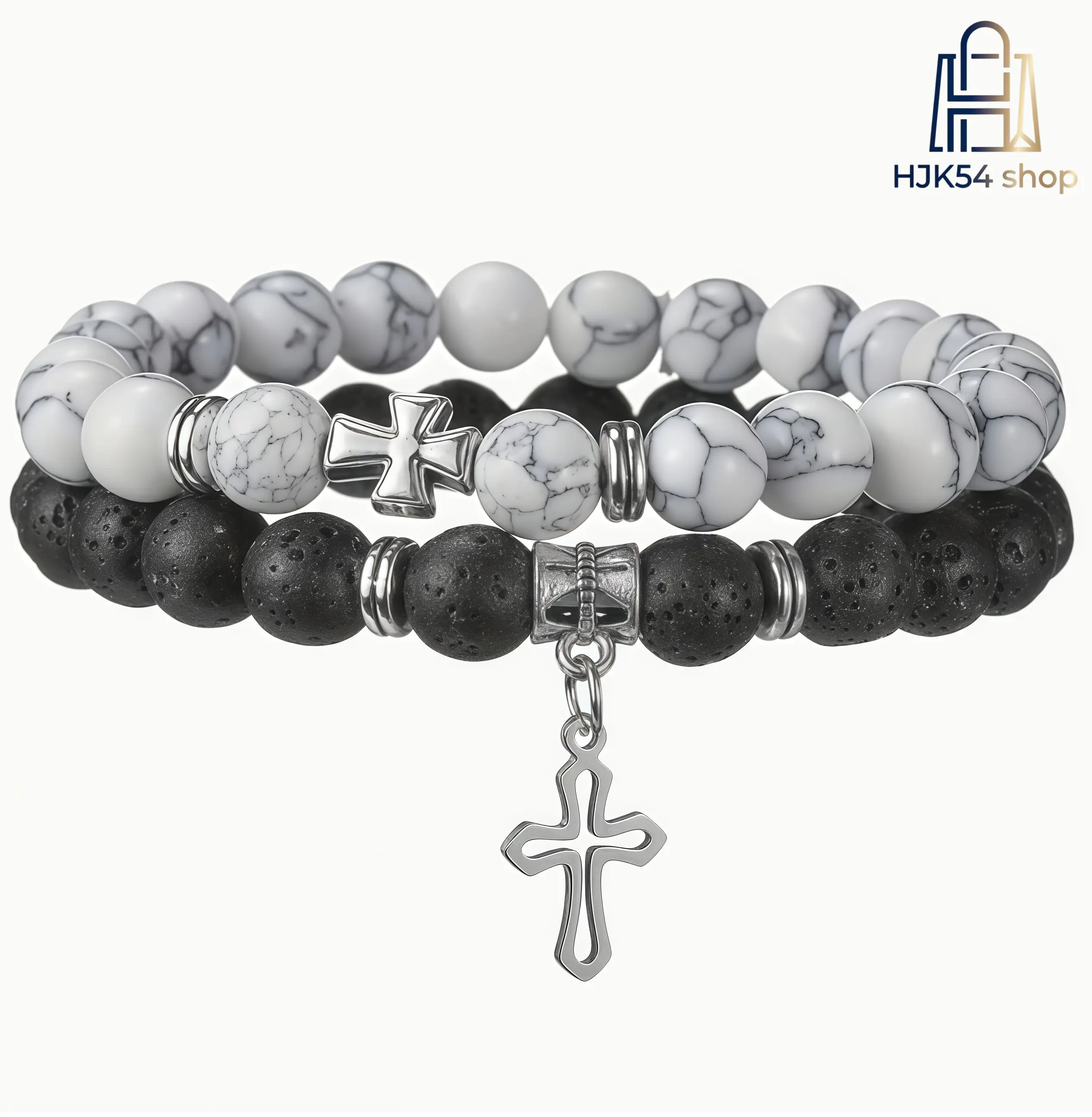 Unisex 2-Piece Religious Cross Bracelet Combo, Black and White Howlite & Lava Rock Beaded Stretch Faith Jewelry, Spiritual Wear for Daily Use, Gift for Boyfriend, Symbolizes Spiritual Beliefs, Black And White Beaded Stretch Bracelets, Cross Charm, Beads,