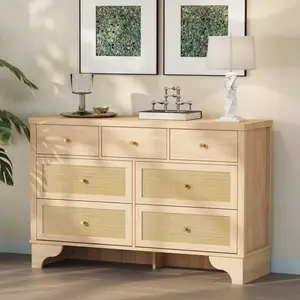 OP-Farmhouse Dresser For Bedroom With 7 Drawer 47.3'' Wide Wooden Chest Of Drawers With Natural Rattan Drawers Vintage Storage Organizer with Sturdy Base for Living Room, Entryway and Hallway