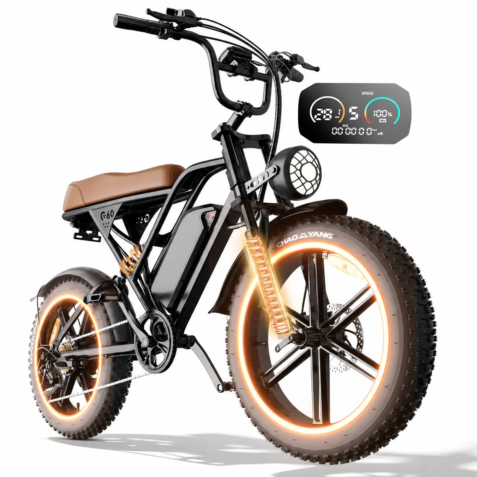 Fat Tire Ebike for Adults, 20-Inch Off-Road Rechargeable Ebike with 1500W Peak Motor, 48V 20AH Removable Battery, 28 MPH Speed, 7-Speed Gear, Full Suspension, Hydraulic Brakes for Hiking & Light Outdoor Use