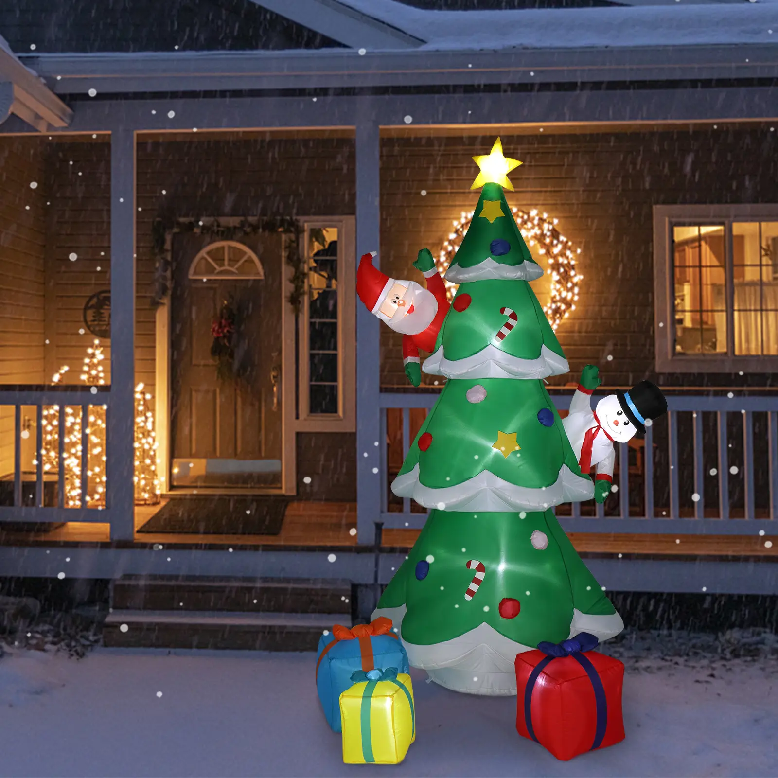 Ubesgoo 8FT Inflatable Christmas Tree Yard Decor with Santa, Snowman, 3 Gift Boxes & 8 LED Strings, 12V 1500mA, US Plug