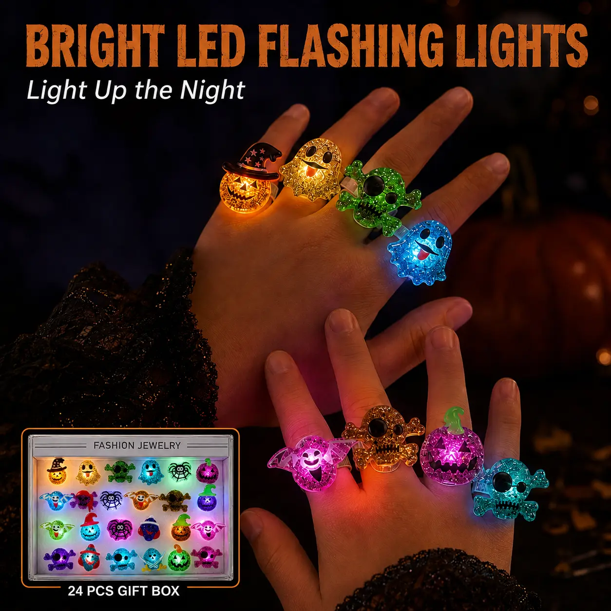 2026 New Spooky Halloween LED Light-Up Flashing Rings (24PCS Assorted), Trick-or-Treat Gifts, Party Favors & Goodie Bag Prizes