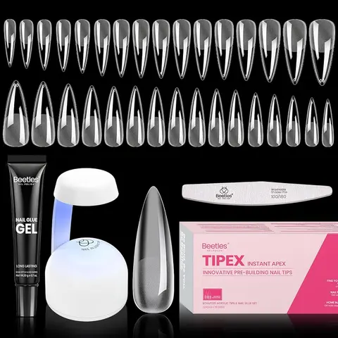 Beetles Tipex Extension Nail Tips , Long Stiletto Medium Stiletto 224 Pcs Pre-Building Pre-Etched False Nail Tips with Tipex Nail Glue, Mini Nail Lamp-Thick Acrylic Nail Tips Set