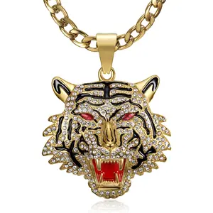 18K Gold Plated Tiger Head with Red Eyes Bloodred Tongue Pendant Punk Rock Stainless Steel Necklace, 24 Inch 7mm Chain for Men Hip Hop Animal Jewelry