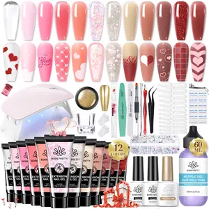 BORN PRETTY Poly Nail Extension Gel Kit 12/6 Colors Poly Nails Gel Kit Nude Clear Jelly Pink All In One Kit Builder Gel With Nail Lamp Base Top Coat Set Nail Forms French Manicure  Gift Nail Art Nail kit Acrylic Set Press on Nails