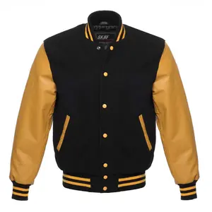 Letterman Varsity Jacket Wool & Real Leather Black/Gold Collar Cotton
