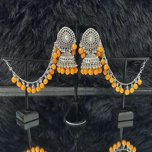 Desi Silver & Peach Oxidized Jhumkas with Side Layers, Saharas Design, Elegant Design.