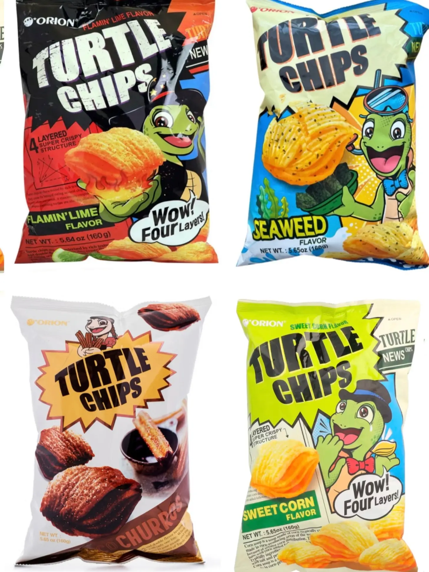 [ Combo of 4 Big Packs ] Orion Turtle Chips Flamin Lime, Sweet Corn, Choco Churros, Seaweed Flavor