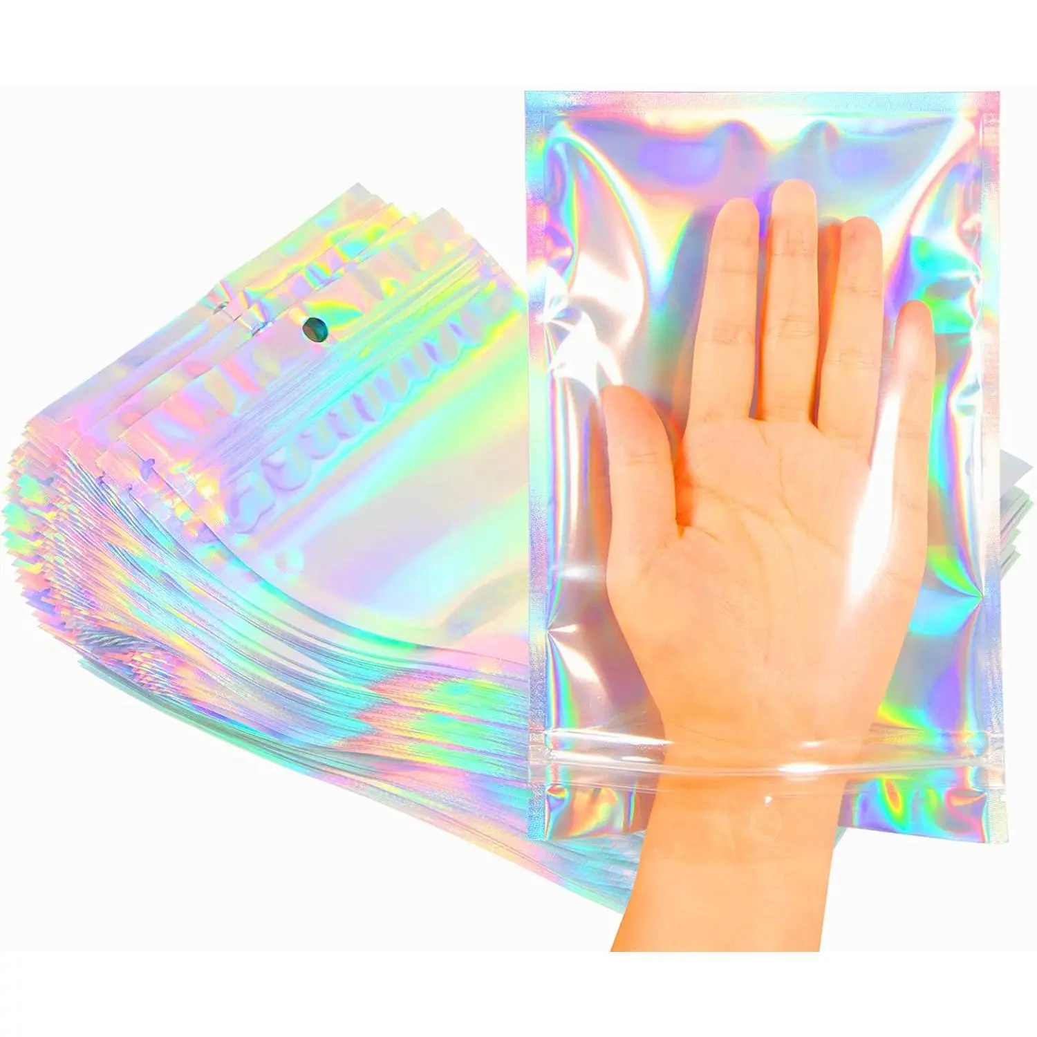 50/100 Pack Holographic Resealable Bags - Rainbow Foil Plastic Pouches, Reusable, Smell-Proof, Waterproof for Snacks, Creative Gift Packaging, Party Supplies