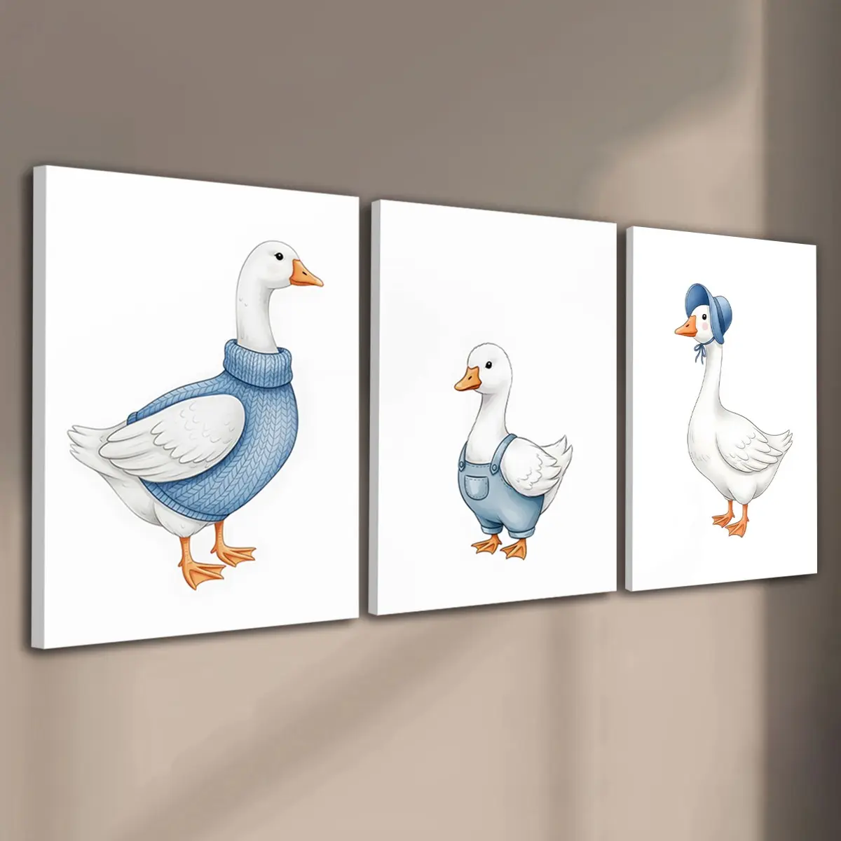 3pcs/Set Wooden Framed, Goose Nursery Prints, Blue Duck Nursery Wall Decor, Gender Neutral Geese Nursery Wall Art Canvas Painting, Cute Geese Family Poster, For Bedroom, Living Room, Home Decor