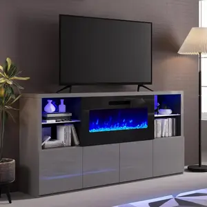 68" Modern High Gloss Fireplace TV Stand, Fireplace Entertainment Center with Fireplace & LED Lights for TVs up to 78",