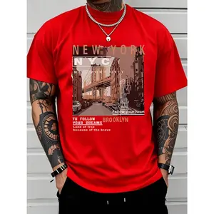 Men's Casual Cotton Streetwear T-Shirt with Vintage New York Brooklyn Street Scenes Print. 100% Heavyweight Cotton, Retro Western Style, Soft Breathable Fabric, Classic Short Sleeve, Perfect for Urban Daily & Summer Fashion.