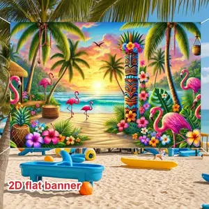 2D Flat 1pc Hawaiian Luau Tiki Backdrop Banner, Flamingo Palm Tree Tropical Beach Photography Background, Ideal for Tiki Party, Hawaiian Themed Event, Summer Pool Party, Birthday Celebration, Photo Booth Decor, Multiple Sizes Available