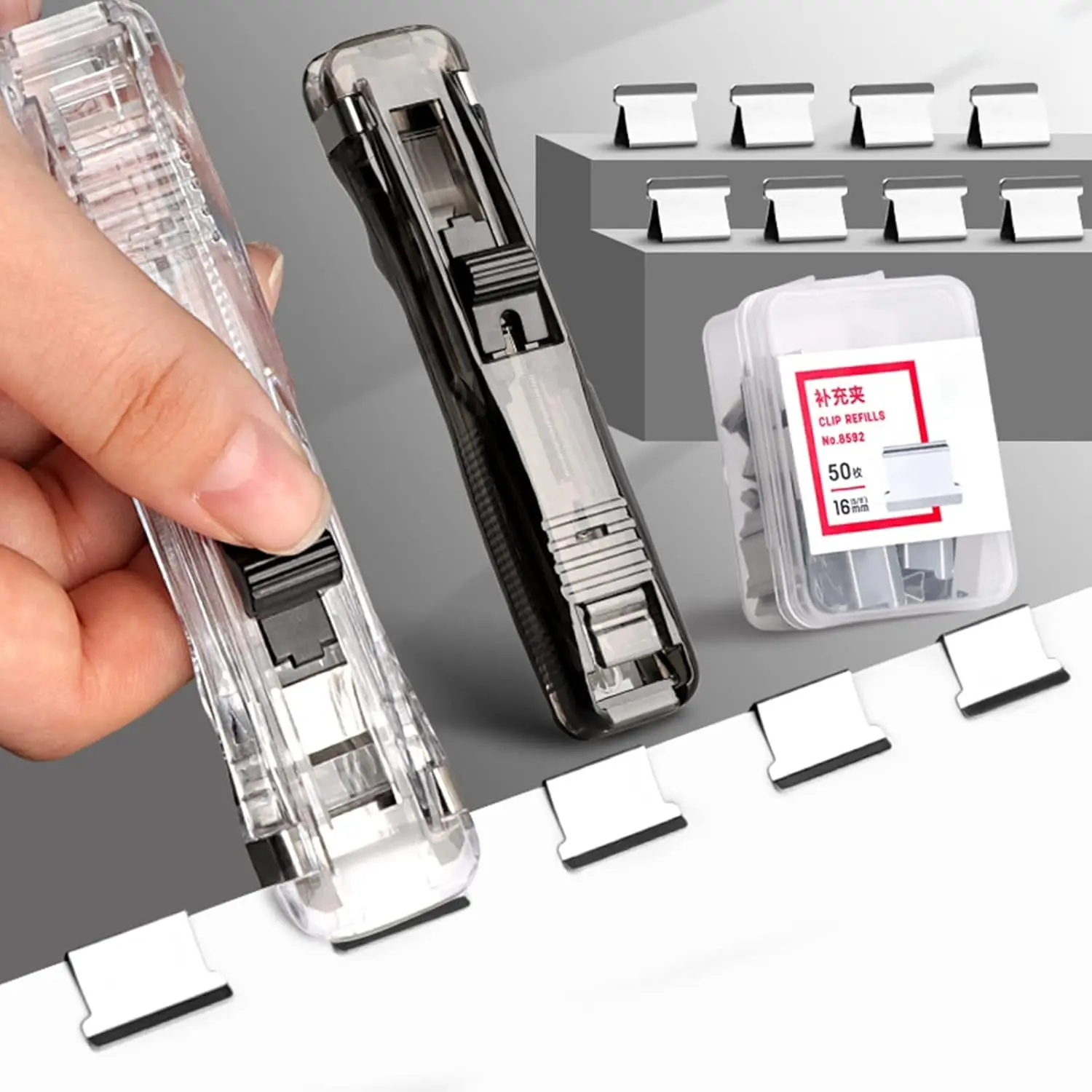 2pcs Plastic Mini Push Staplers with 4 Boxes of Clips - Office Stationery for Office Desks, Modern Simple Anti-Scratch Portable Rounded-Corner Desktop Accessories, Easy to Use, Protecting Paper Integrity, Max 40 Sheets A4 Paper Capacity