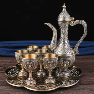 European antique bronze wine set 8-piece set, copper-plated wine pot set, household exquisite simple style taste home hotel wine cabinet handicrafts cafe decorations business gifts High-end decorative items