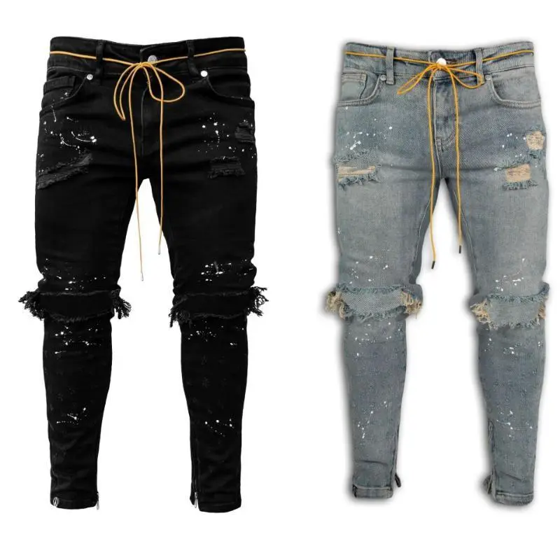 Men's Slim-Fit Ripped Painted Denim Trousers, Casual Menswear Joggers for Sports & Outdoor Activities