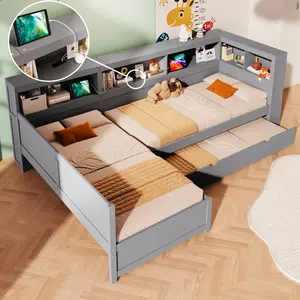 L-Shaped Platform Bed Frame with Trundle and a Drawer, Wood Twin Size Bed with Storage, No Box Spring Needed