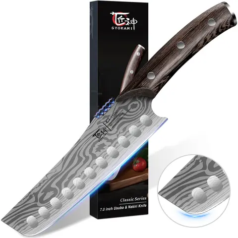 SYOKAMI 7.2 inch Straight Edge Japanese Nakiri Kitchen Knife - Stainless Steel Blade, Full Tang Ergonomic Non-Slip Wooden Handle, Razor Sharp Precision Cut, Damascus Pattern, Leafy Veg Prep, a Thoughtful Lasting Kitchen Gift for Adult Cooking