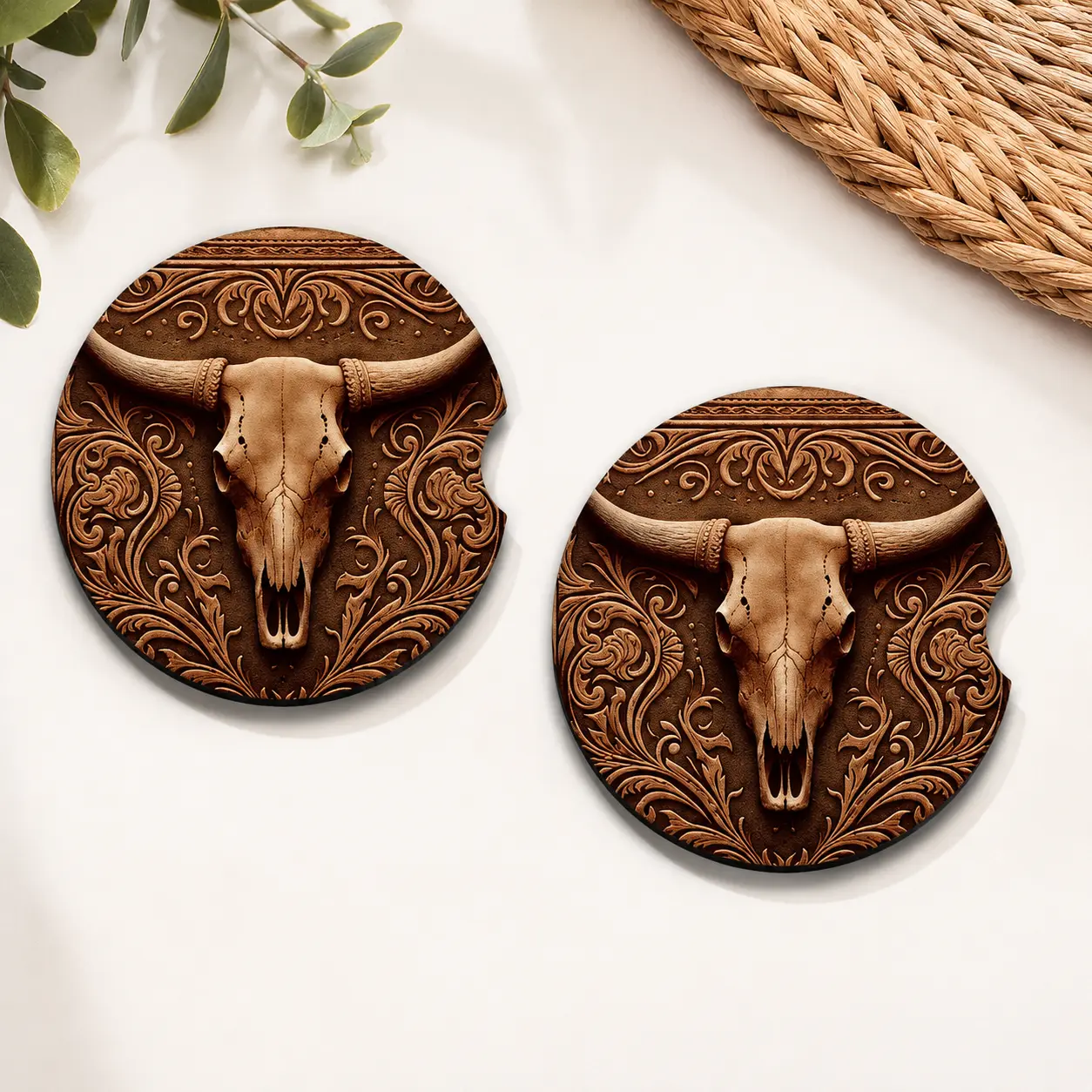 Western-style Longhorn Cow Skull Soapstone Car Coaster