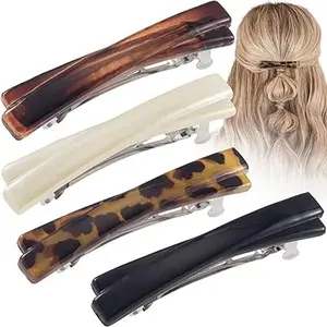 Barrette Hair Clips for Women, 2.56 Inch Small Tortoise Shell Hair Clip, Curved Glossy Thin Hair Flat Hair Accessories for Women (Black, White, Leopard Color, Amber)
