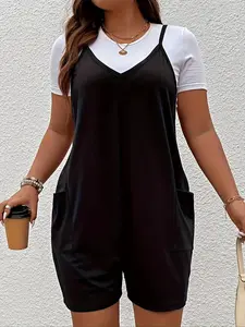 【plus Size】 Solid Pocket Adjustable Strap Cami Overalls, Stretchy Overalls, Minimalist Casual Sleeveless Overalls for Summer, Women's Plus Clothing for Daily Wear, Spaghetti Straps Overalls, Lady, Casual Jumpsuits