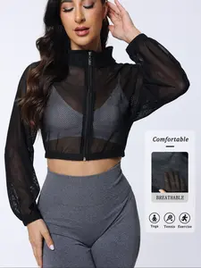 Women's Sport Yoga Mesh Jacket, Breathable Slimming Thin Outerwear, Outdoor Running Fitness Training Sun Protection Coat