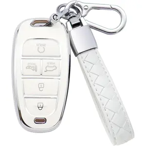 for Hyundai Key Fob Cover 5 Button Soft TPU with Leather Keychain 360 Degree Protection Car Key Case Shell Holder Fits for 2023 2022 2021 2020 Hyundai Sonata Santa fe Tucson, B White