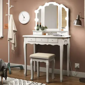 SIKAIC Modern Makeup Vanity Set with LED Mirror, Cushioned Stool, 3 Drawers, White Indoor Furniture, Three Drawers