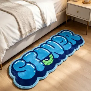 Blue Street Style Graffiti Bubble Letter Bedside Mat, Unique Cartoon Eye Rug, Soft Comfortable, Hand Wash Only, Indoor Decor