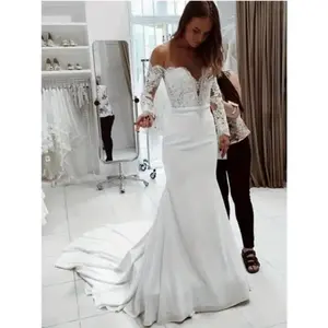 Elegant Off-the-Shoulder Lace Long Sleeve Mermaid Fishtail Wedding Dress - Floor-Length Bridal Gown with Keyhole Neckline,