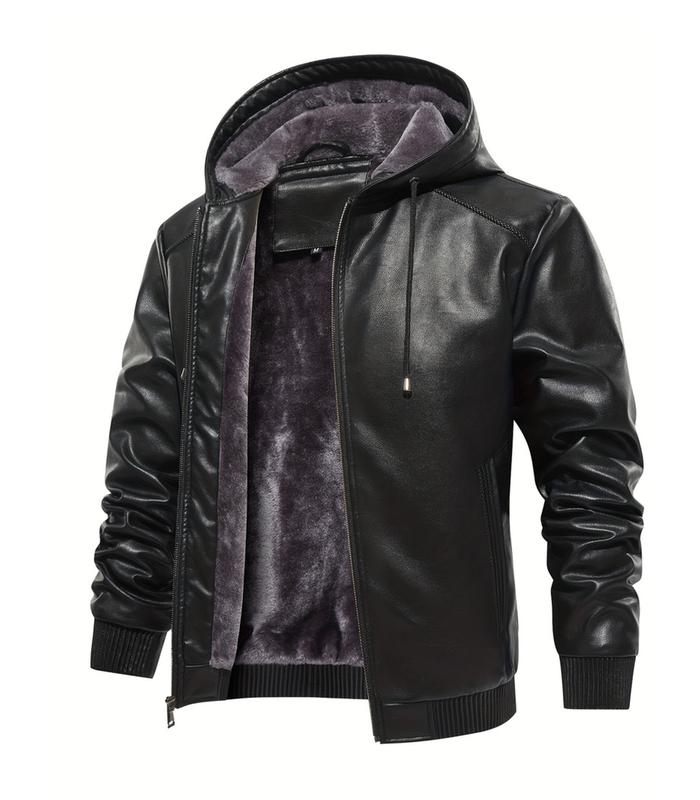 INVACHI Men's Biker Jacket - Ultra-Thick Solid Rain-Proof PU, Hooded Fleece-Lined, Long-Sleeve, Zippered Front Leather & Faux Leather Outerwear (Black, 3XL)