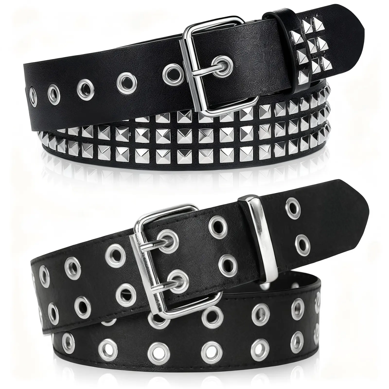 Black Studded Belt, 2 Pcs Y2K Belt Metal Punk Rock Double 