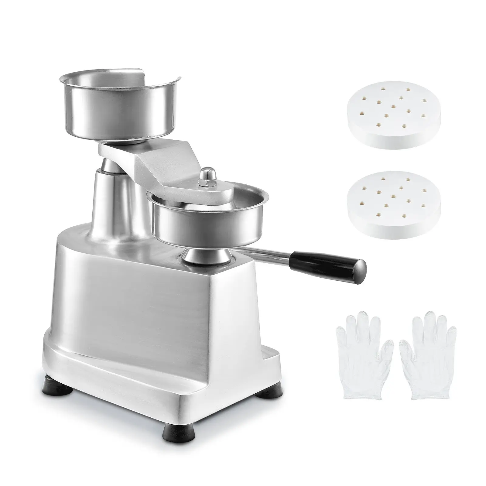 Heavy-Duty 4-Inch (100 mm) Meat Patty Maker Machine, Kitchen Tool with Food-Grade Stainless Steel Bowl, Compact Aluminum Tray, Holder & 1000 Patty Papers