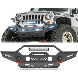 【Yzona】Front Bumper Compatible with 12,000 LBS Winch Plate, 4 x 18W LED Lights & 2 x 4.75-ton D-rings, Off-Road Steel Bumper Compatible with 2007-2018 Jeep Wrangler JK JKU Unlimited 2/4 Doors