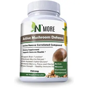 N' MORE Six Mushroom Immune Support with AHCC – 750mg – Daily Immune, Brain & Energy Support – 60 Veggie Capsules