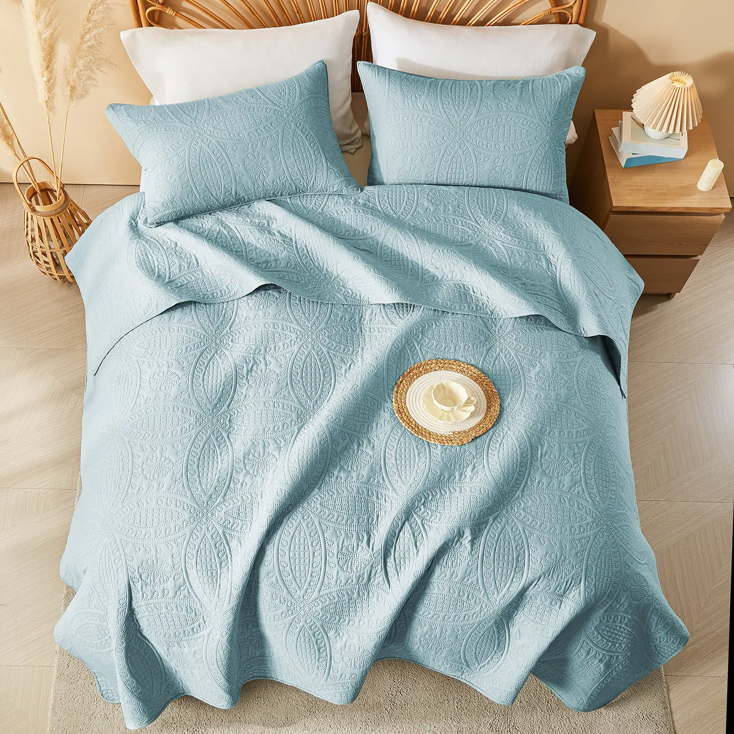 3Pc Quilted Bedspread Set Reversible Microfiber Coverlet with Pillow Shams quilt for All Seasons Queen Size Copper Coin Pattern Luxury Bedding