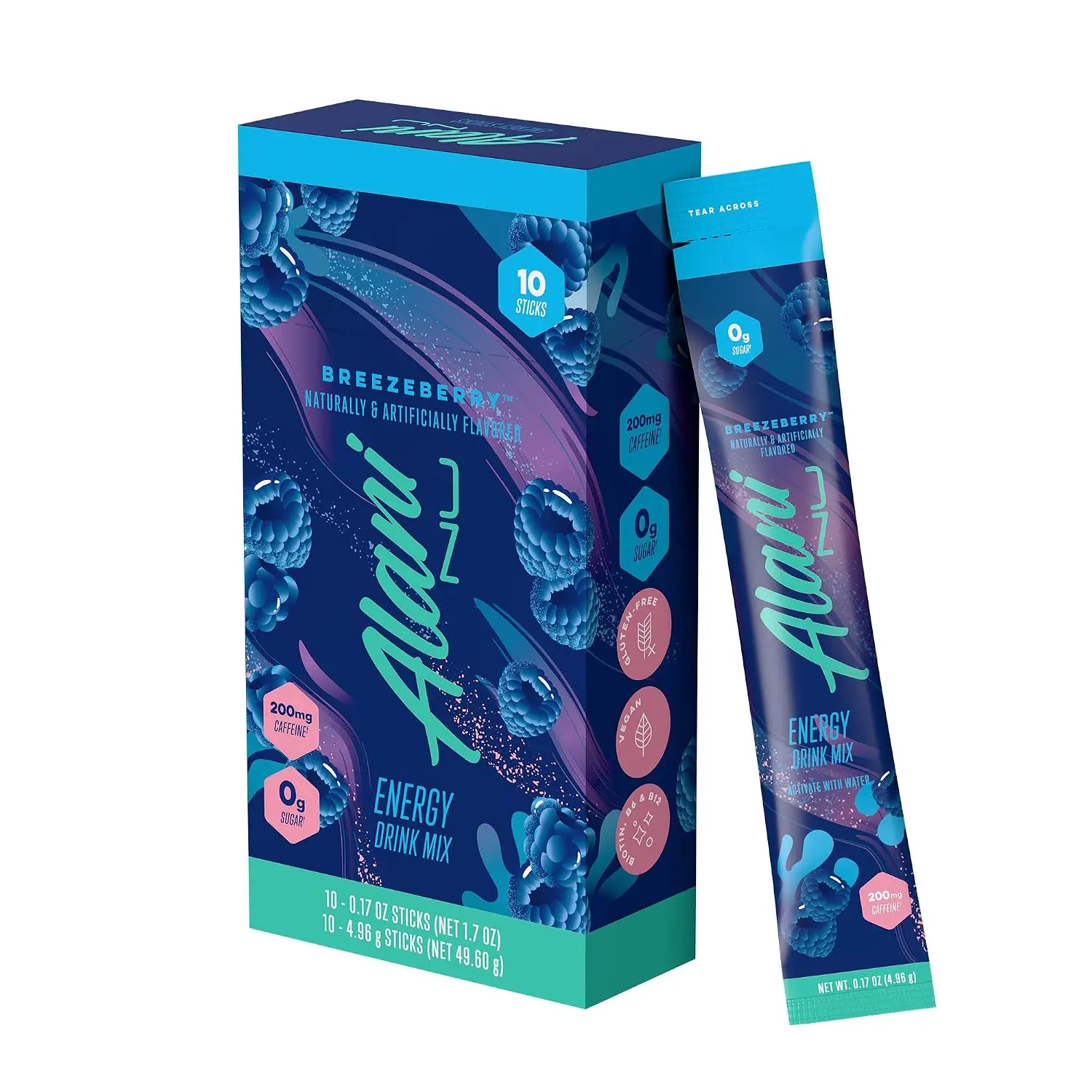 Alani Nu BREEZEBERRY Energy Sticks Drink Powder - 10 Pack, 200mg Caffeine, 5 Calories, 0 Sugar, Pre-Workout Performance, Antioxidants, Biotin, B Vitamins, On-The-Go Sports & Energy Drink Mix