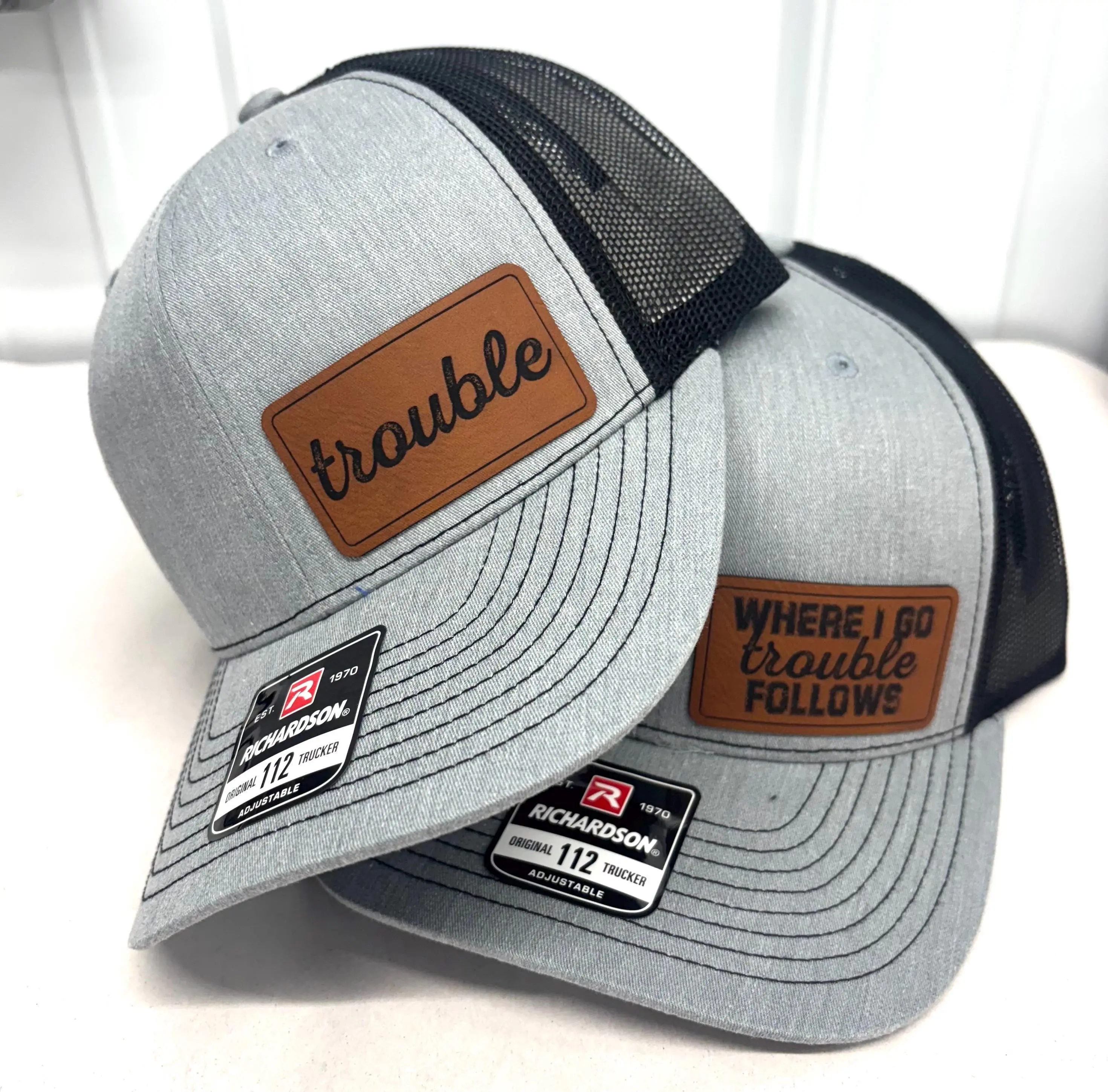 Trouble Set of Leather Patch Trucker Hat, Couple Hat, Funny Hat, Gift for Man, Gift for Husband, Boyfriend gift, Trucker Hat for Dad, Matching Couple Hats For Men & Women