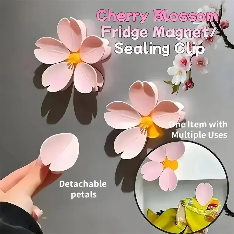 5/10/15/20pcs Cherry Blossom Magnetic Bag Clips, Cute Flower Refrigerator Magnets, Reusable Food Sealing Clips for Snack Bags, Kitchen Storage & Organization Gadgets