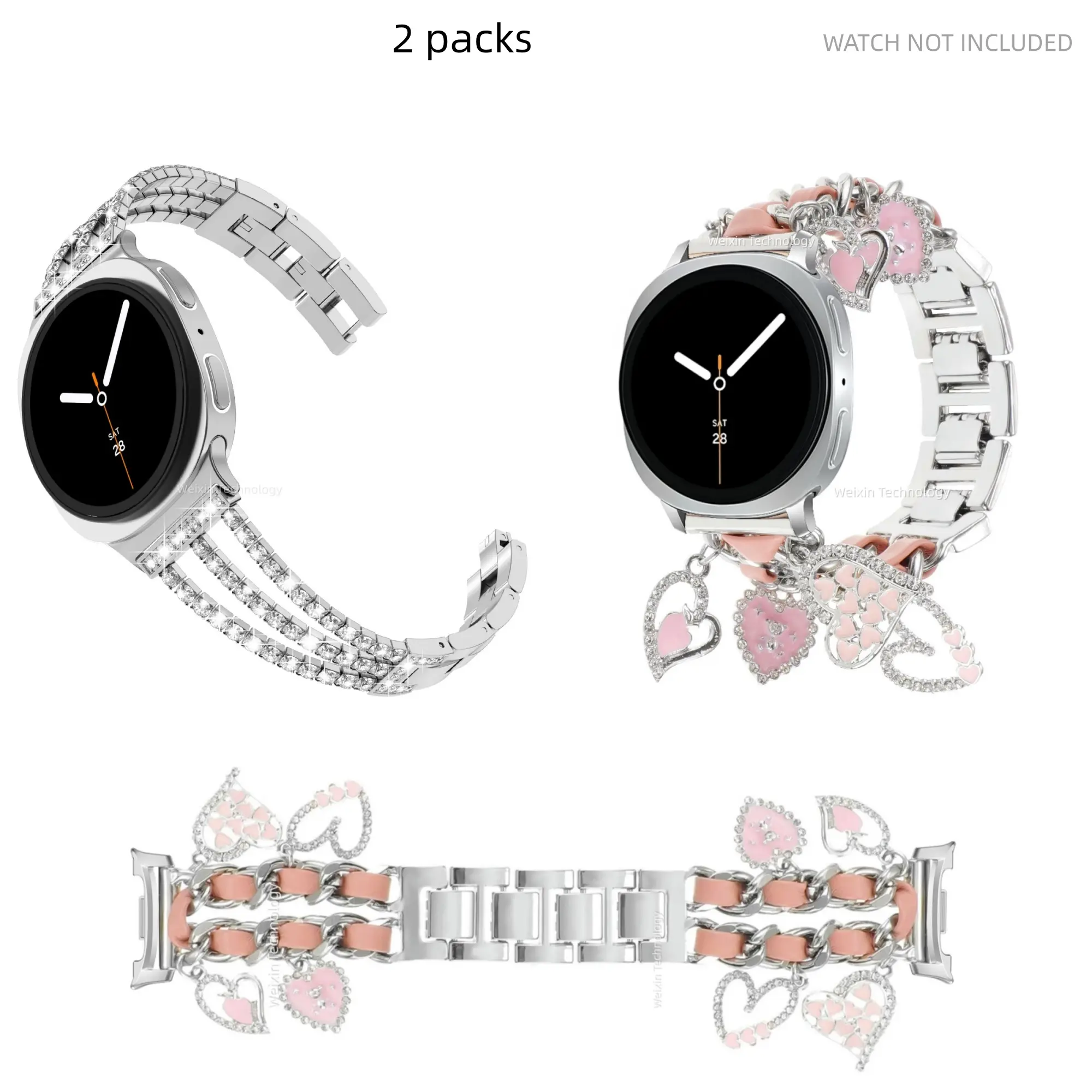 2 Pack, Smartwatch Accessories, Cuban Chain Pendant Sparkling Diamond Chain Bracelet for Samsung Galaxy watch8/8 Classic Strap 40mm 44mm - Galaxy 8 Women's Jewelry Strap Sparkling Diamond Chain Strap Dress Watch Straps