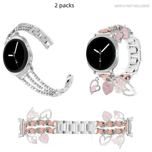 2 Pack, Smart watch accessories, Cuban Chain Pendant Sparkling Diamond Chain Bracelet for Samsung Galaxy watch8/8 Classic Strap 40mm 44mm - Galaxy 8 Women's Jewelry Strap Sparkling Diamond Chain Strap Dress Watch Straps