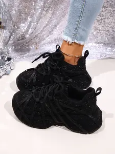 New Fashion Versatile Casual Rhinestone Thick Sole Sneakers for Women, High-Heeled Platform Shoes, Comfortable Commuter Footwear